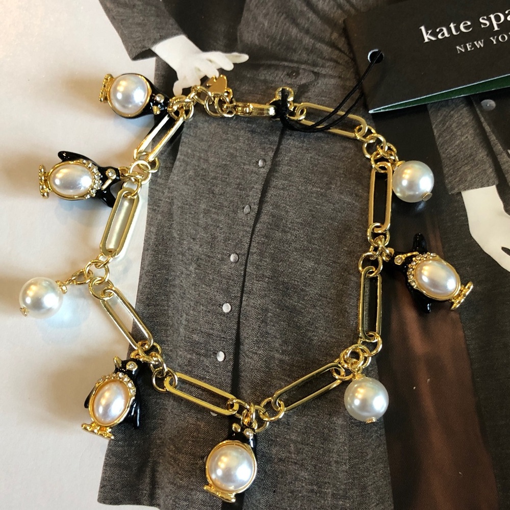 Authentic kate spade NWT Gold Charm Bracelet with Pearls and Black Penguins - Picture 3 of 8